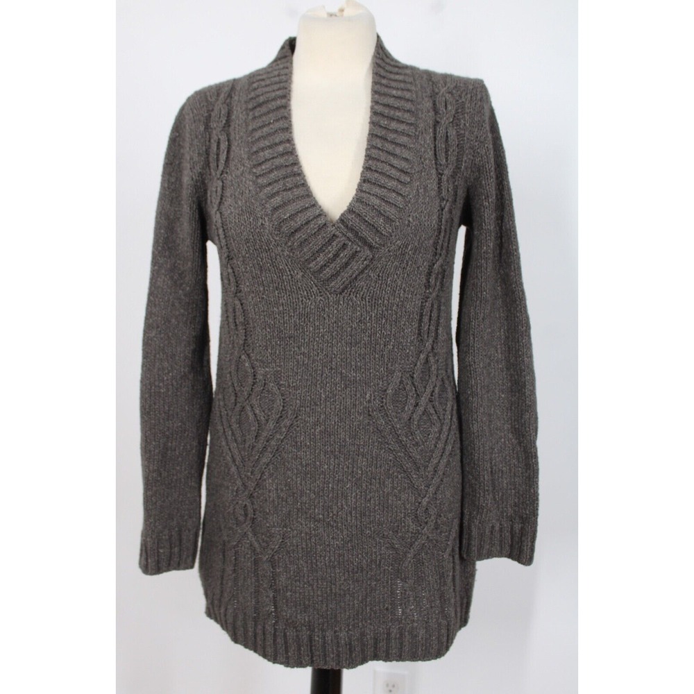 Poles Paris L Gray Cable Deep V-Neck Merino Wool Silk Knit Tunic Sweater